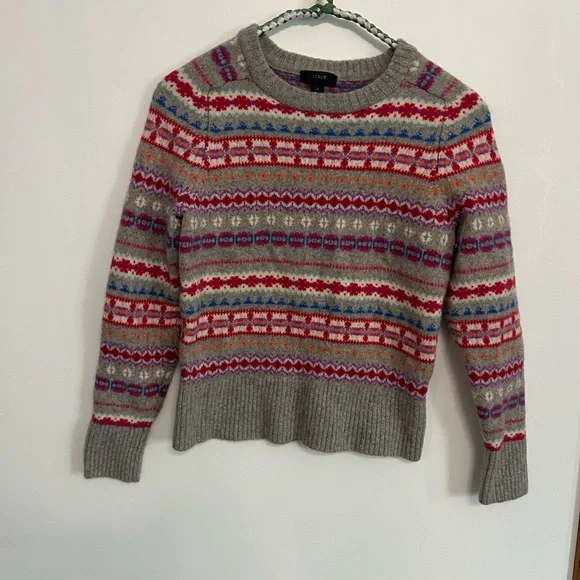 J. Crew Multicolor Fair Isle Wool Crewneck Sweater in Heather Gray - Picture 1 of 6